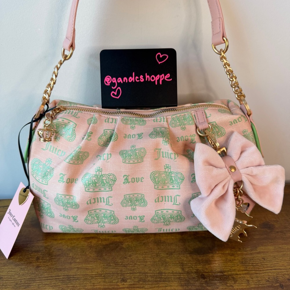 New Juicy Couture Fan Club Pink Green Shoulder Bag Bow Bag Charm Y2K Cute Pastel